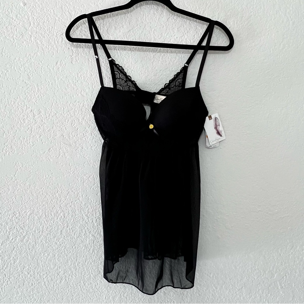 NWT‎ Jessica Simpson Black Lace Sheer Babydoll Teddy Thong Lingerie Size Small